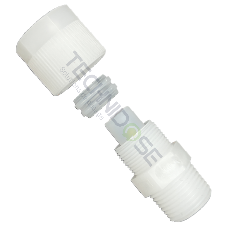 RACCORD MALE PVDF A COIFFE 3/8"Gm BSPT TUBE Øext 12mm/ Øint 10mm