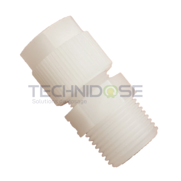 RACCORD MALE PVDF A COIFFE 3/8"Gm BSPT TUBE Øext 12mm/ Øint 10mm