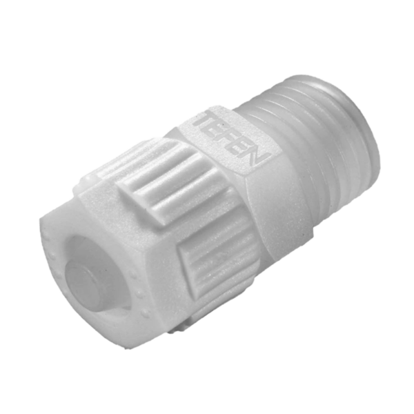 RACCORD MALE PVDF A COIFFE 1/4''Gm BSPT TUBE Øext 6mm/ Øint 4mm