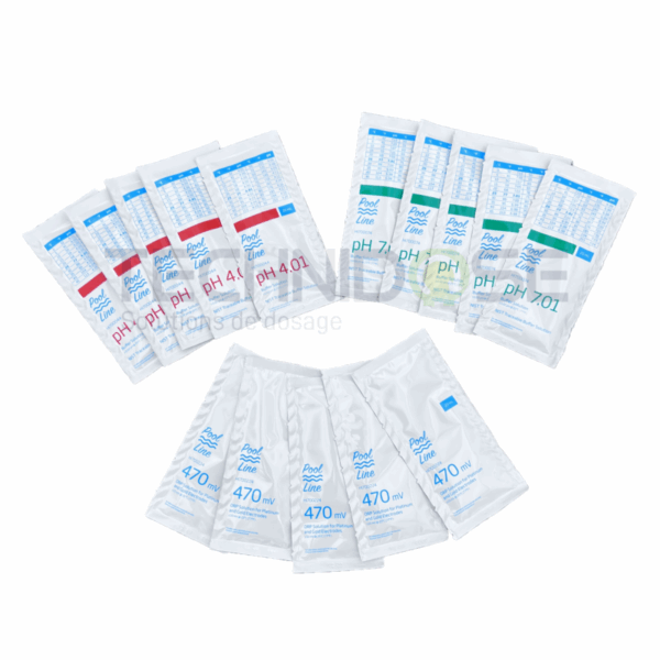 PACK 3x5 SACHETS SOLUTION TAMPON PISCINE PH 4, 7 ET REDOX 470mV_20mL